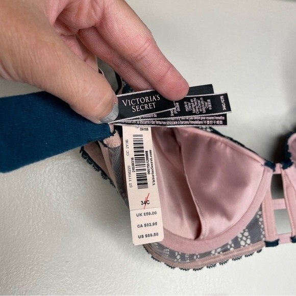 Victorias Secret Bra Very Sexy Lightly Lined Plunge Lace New Green Pink Size 34C - Picture 6 of 7
